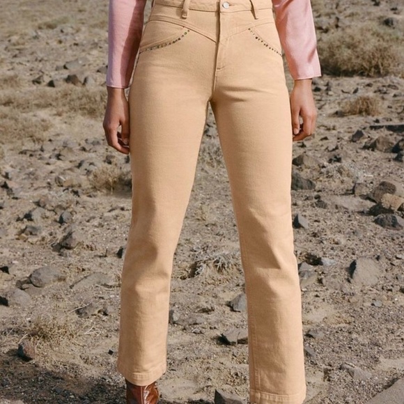 Paloma Wool Pants - Paloma Wool Brenda Rhinestone Peach Tan Straight Leg Pants / Jeans